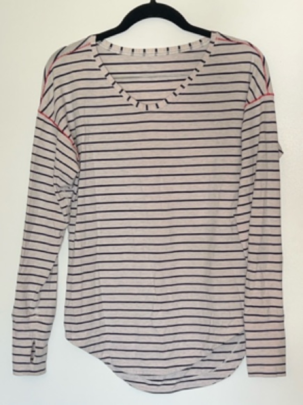 Striped V-Neck Long Sleeve Top - White and Black with Red Stitching